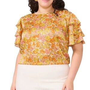 Vince Camuto Satin Orange Leaves Tier Ruffled Flutter Sleeved Blouse Size 3X